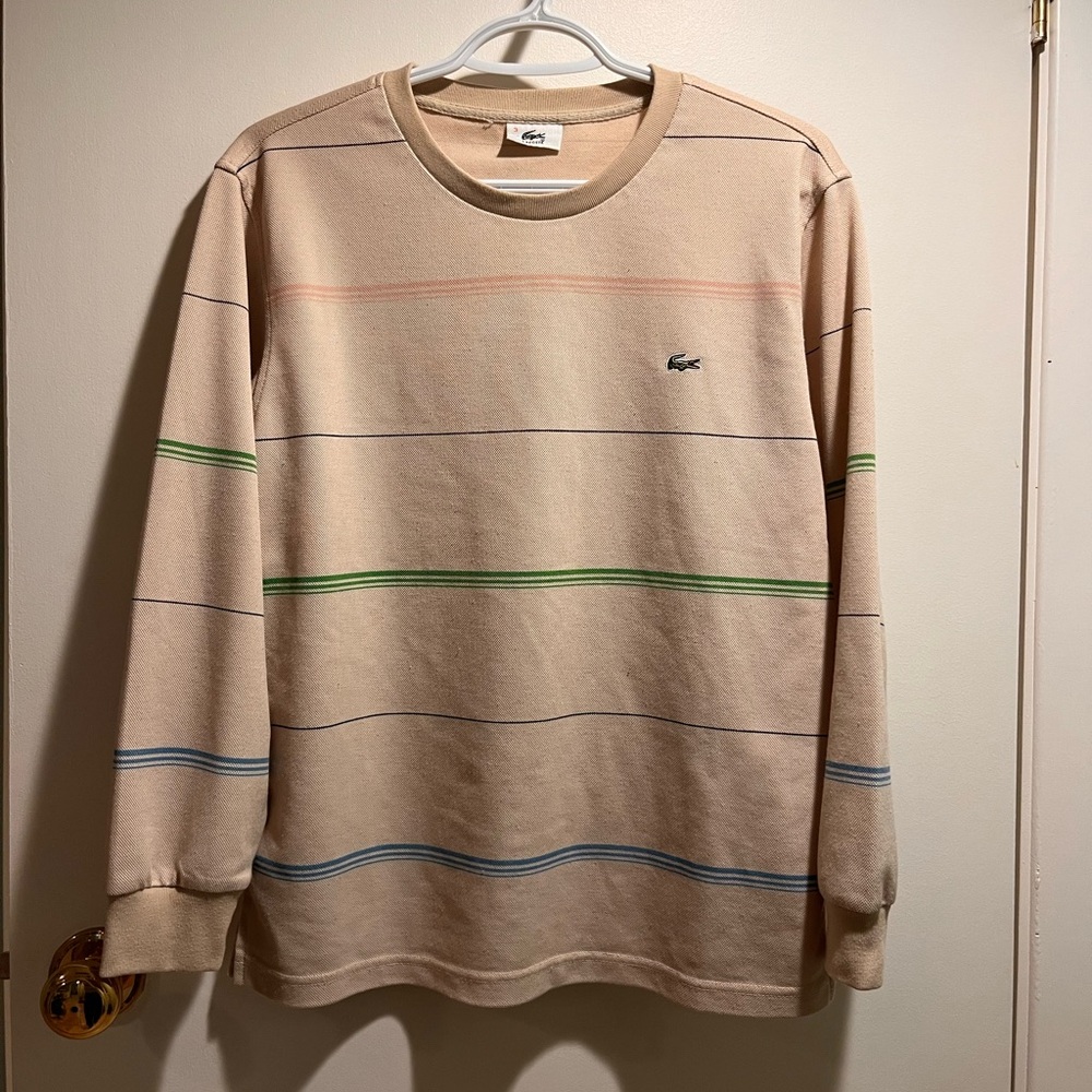 Lacoste Men's Tan Shirt with Colorful Stripes